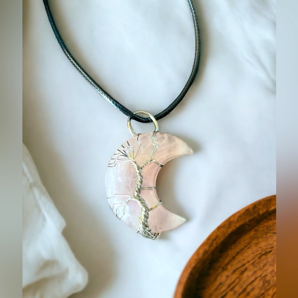 Twinkling Tree Rose Quartz Crescent Moon Tree of Life Necklace - Picture 3 of 9